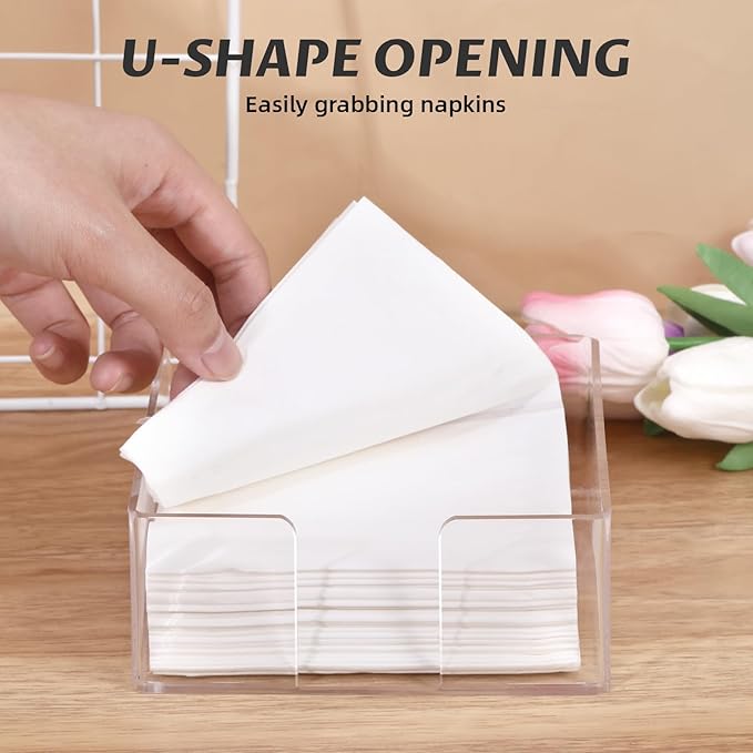 Acrylic Napkin Holder, Clear Square Cocktail Napkin Holder, Paper Lucite Tray with Side Opening, Flat Tissue Holder for Table Kitchen Bathroom Bar Dinner Party Decor,Perfect for 5 x 5 inches Napkins