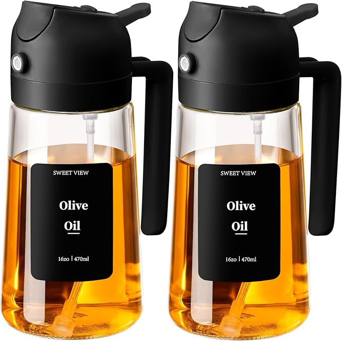 SWEET VIEW 2PCS Oil Sprayer for Cooking, 16oz/470ml Glass Oil Dispenser/Pour Bottle, Kitchen Accessories, Kitchen Gadgets for Air Fryer, Salad, BBQ, with Stickers (Black,Black)