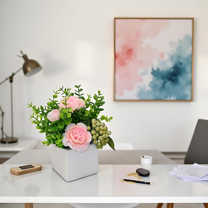 Pink Artificial Rose Eucalyptus Berry Faux Floral Table Home Bathroom Decor | Faux Floral Decor with Eucalyptus Leaves Frosted Green Berries, Small Potted Plant for Office Desk Indoor Home Decorations