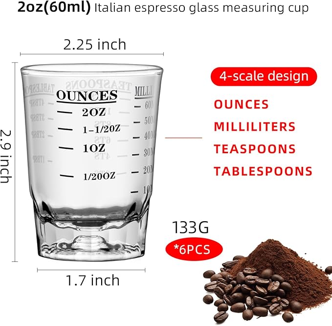 2 OZ 4 Features Shot Glasses Measuring cup Liquid Heavy Glass Wine Glass Espresso Shot -Incremental Measurement Heavy 60ML (6, Black)
