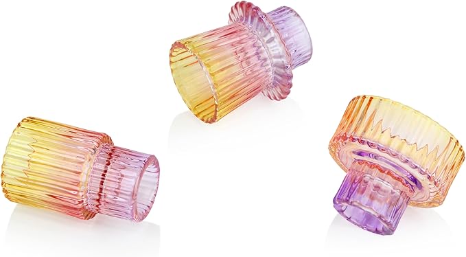 Vixdonos Glass Candlestick Holders Tealight Candle Holders for Table Centerpieces, Wedding Decor and Dinner Party (3 Pcs, Purple-Pink-Yellow)