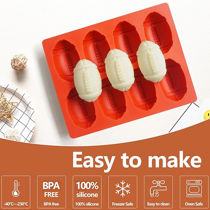 2Pcs Football Cake Pans,Football Molds For Baking,1Inch Deep Nonstick Football-Shaped Silicone Mold For Cake,Chocolate,Ice Cube(8-Cavity(2Pcs))