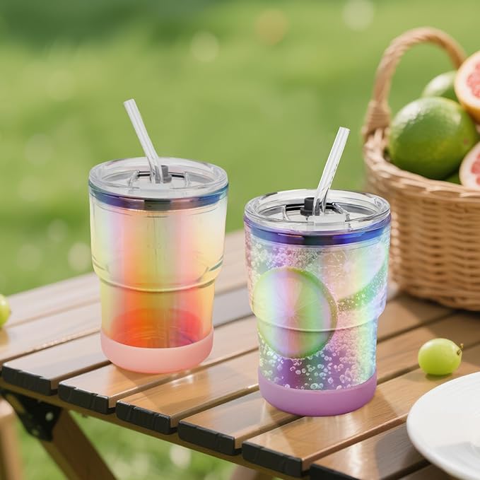 13 Oz Glass Cups with Lids and Straws, Reusable Iced Coffee Water Tumblers, Sealed Carry-On Thick Wall Drinking Cups for Cold Brew, Smoothie, Juice (4 Pack-2 Amber,2 Black)