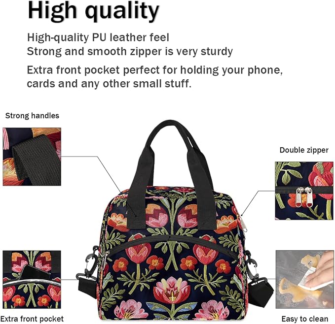 Pardick Red Flower Floral Insulated Lunch Bag for Women Girl Reusable Lunch Tote Box With Shoulder Strap Lightweight Thermal Cooler Meal Prep Bag for Work School Office Picnic