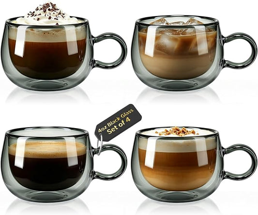 glastal Black Espresso Cup Set of 4, 4 Oz (full capacity) Double Wall Glasses Espresso Coffee Cups, Small Coffee Glasses Espresso Shot Glas Cups Tea Cups with Handle for Iced Americano, Macchiato