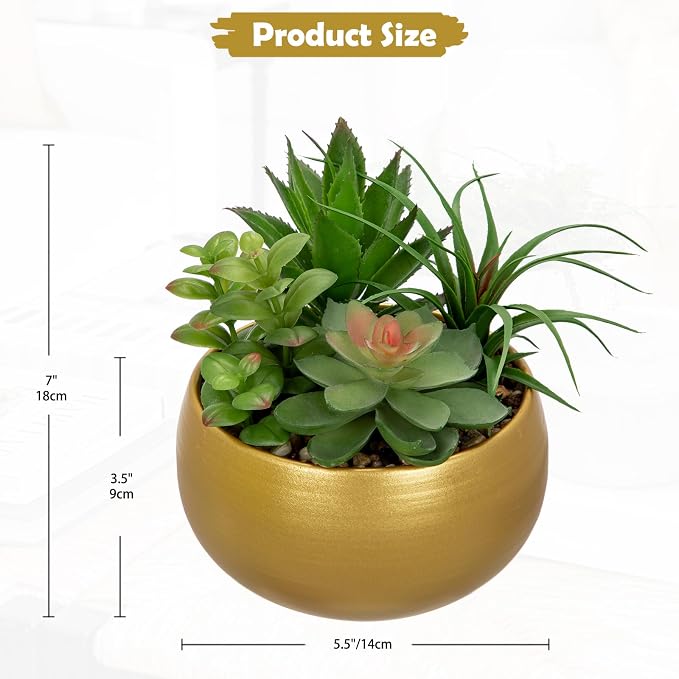 Briful Fake Succulents in Gold Metal Pot, Artificial Succulent Plants Arrangement for Home Decor, Small Faux Potted Plants Tabletop Centerpiece, Desk Office Bathroom Shelf Decorations
