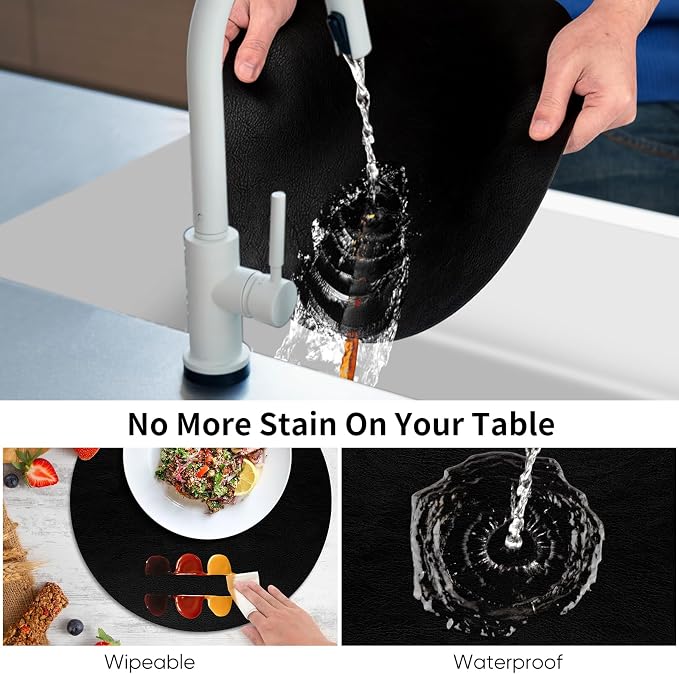ADRIMER Placemats, Heat Resistant Round Placemats Set of 12 Washable, Waterproof Table Mats, Wipeable Faux Leather Place Mats for Kitchen, Dining Room, Black
