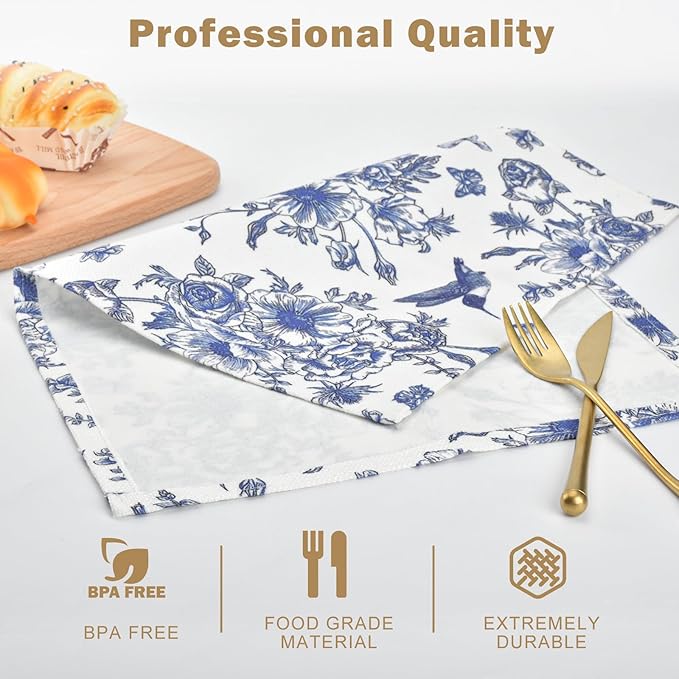 Snycler Table Runner Blue Monochrome Sketch Flower Birds Butterfly Table Cover Retro Floral Kitchen Dining Table Decoration for Indoor Outdoor Home Party Restaurant Supplies (12x18 Inch,Set of 4)
