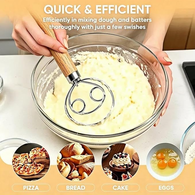 Maxjoy Danish Dough Whisk Stainless Steel Wooden Handle for Sourdough Bread Baking