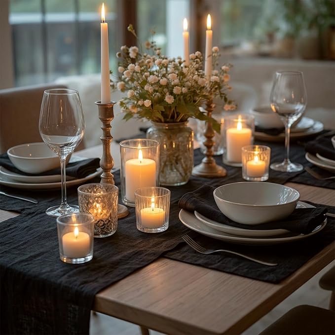 Solino Home Linen Black Table Runner 60 Inches - 100% Pure Linen Short Table Runner 14 x 60 Inch Ideal for Dresser and Coffee Tables - Diana Medium Weight