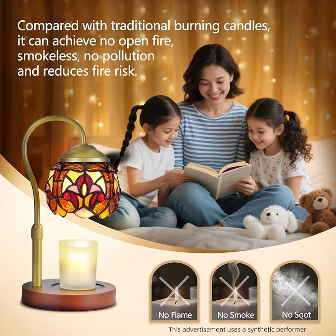 Baroque Tiffany Candle Warmer Lamp with Wood Base - Height Adjustable, 2/4/8H Timer, 4-Level Dimmer - Includes 2 GU10 Bulbs - Vintage Aesthetic Room Decor & Gifts for Women, Fits Candles up to 5"