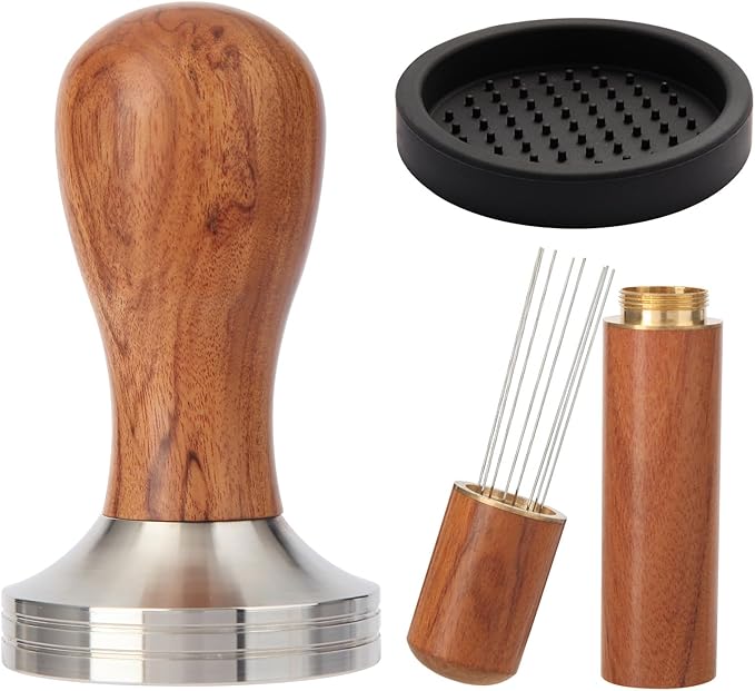 53mm Espresso Tamper Kit, Hard Wood Espresso Tamper Tool & Powder Press Pad & 8-Needles Espresso Stirrers For 53 mm Portafilter
