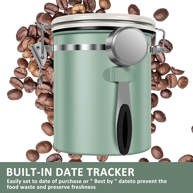 3PCS Coffee Storage Canister,1.5L 51OZ Double Airtight Coffee Beans Container with Date Locator,304 Stainless Steel Kitchen Food Storage Container with Spoon,for Coffee Beans Grounds Tea Sugar