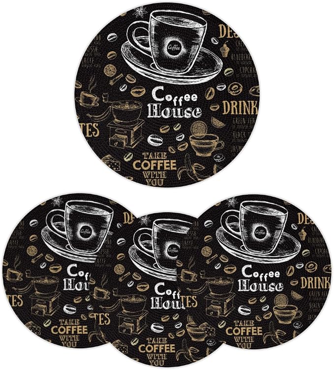 Round Placemats Set of 6, Black Coffee Pattern Woven Placemats Mats Non-Slip Heat Resistant Washable Table Mats Round Braided Place for Farmhouse Kitchen Dining Party Decor 15in