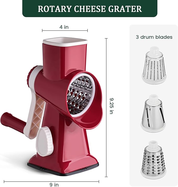 HANSGO Rotary Cheese Grater, Hand Crank Cheese Shredder, 3 Metal Blades & Cleaning Brush, Non-slip Suction Base, Labor-Saving Handle, Kitchen Gadgets for Vegetable, Nuts, Gifts for Women