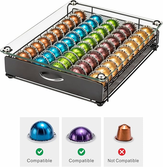 Coffee Vertuo Capsule Holder Drawer for Nespresso With Glass For Cabinet Vertuoline Pod Storage Rack For Counter (Class-50 Pods（With handle）)