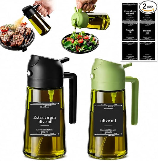 Oil Sprayer for Cooking, 2 Pack Olive Oil Sprayer Bottle, 16oz Glass Oil Dispenser for Kitchen, Fine Mist Spray & Pour, BPA-Free, Refillable, Leakproof, Air Fryer, Salad, BBQ & Cooking