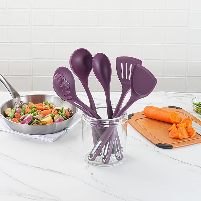 Restaurantware Silicone Utensil Set Pack of 1 Non-Slip Handle 6-Piece Kitchen Tool Set, Heat-Resistant Dishwasher-Friendly Cooking Accessories, Durable Purple Cooking Utensils
