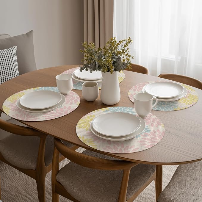 Artoid Mode Pink Dahlia Plastic Round Placemats Set of 4, 14 Inch Seasonal Washable Woven Vinyl Table Mats for Farmhouse Party Kitchen Dining Decor