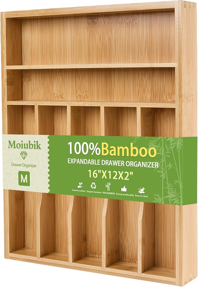 Bamboo Expandable Silverware Drawer Organizer, Adjustable Utensil Tray Cutlery Holder for Kitchen Drawer, Flatware Storage Organizer for Spoons, Forks and Knives, Natural (7 Slot,)