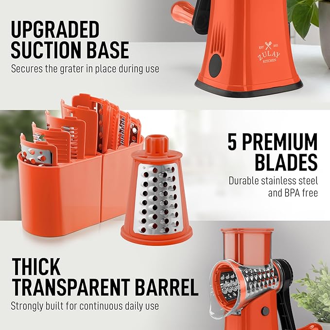 Zulay Kitchen Rotary Cheese Grater 5 Blade Cheese Shredder - Manual Hand Crank Cheese Grater With Reinforced Suction & 5 Interchangeable Drums - Easy to Use, Vegetable Chopper Round Mandoline Slicer