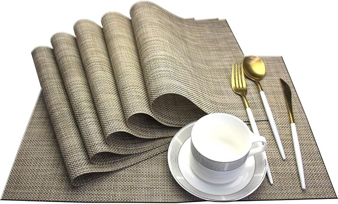Dinner Mats Easy to Clean for Dining Table Woven Vinyl Placemats Heat Resistant 12x18 inche Table Mats Set of 6（Khaki）