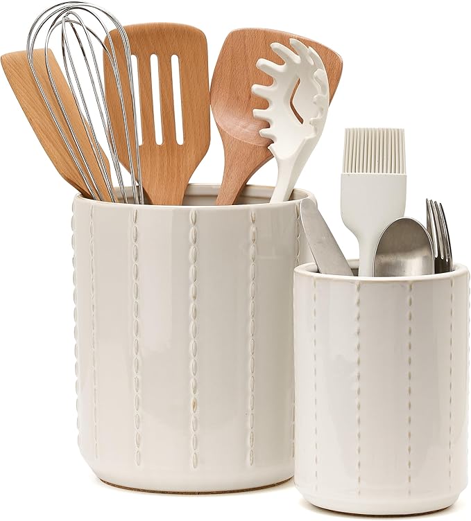 JIEMEI HOME Kitchen Utensil Holder, Large 7.5"+6.2" Bead Chain Ceramic Utensil Crock for Countertop, Utensil Holder with Cork Mat, Morden Utensil Organizer for Spatula, Kitchen Decor, Set of 2, White