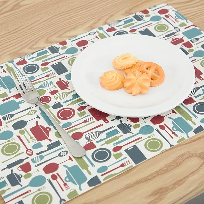 Placemats Set of 4-Waterproof Heat Resistant Non-Slip Washable Table Mats for Dining Table,12 x 18 inch Kitchen Pattern