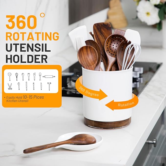 Nucookery Utensil Holder with Spoon Rest, 360° Rotating Ceramic Utensil Holder, 7.2" Kitchen Utensil Crock with Spoon Holder, Kitchen Countertop Organizer, Spoon Rest for Spatulas, Cooking Utensils