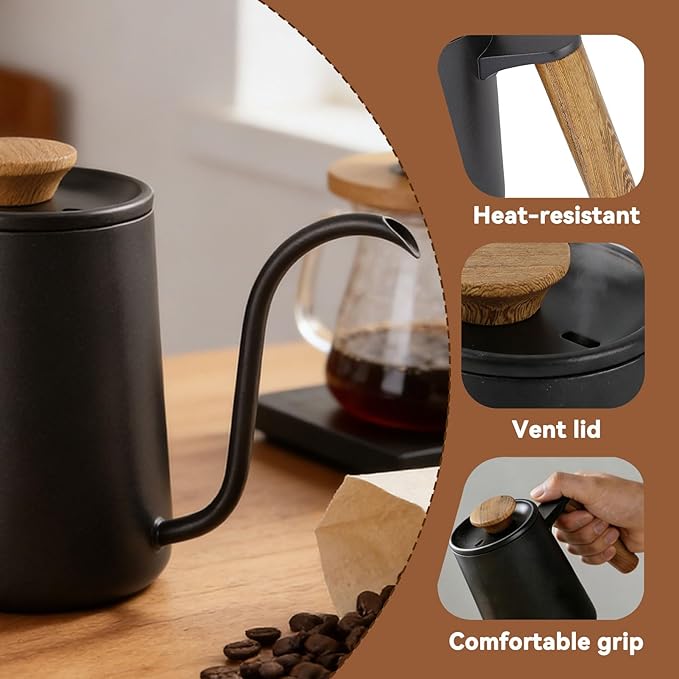 Gooseneck Kettle, 20oz/600ml Small Pour over Coffee Kettle with Long Narrow Spout, 304 Stainless Steel Hand Drip Coffee Tea Pot Camping Coffee Pot for Travel Outdoor, 10.2 X 5.3 X 3.54inch（Black）