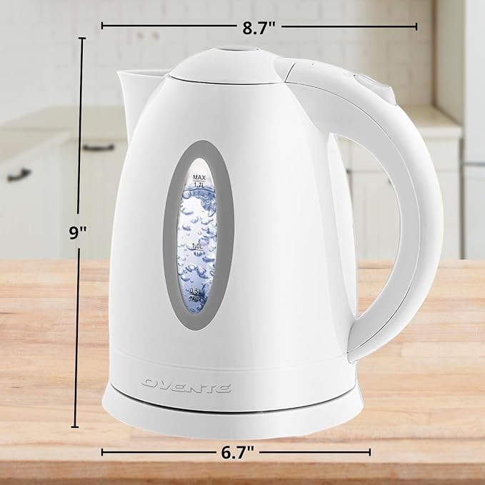 OVENTE Electric Kettle,1.7L Fast Boiling Water Heater for Coffee or Tea,BPA Free with Water Level Gauge,Auto Shut-Off,Boil-Dry Protection,Indicator Light and Removable Filter,White KP72W,(Pack of 12)