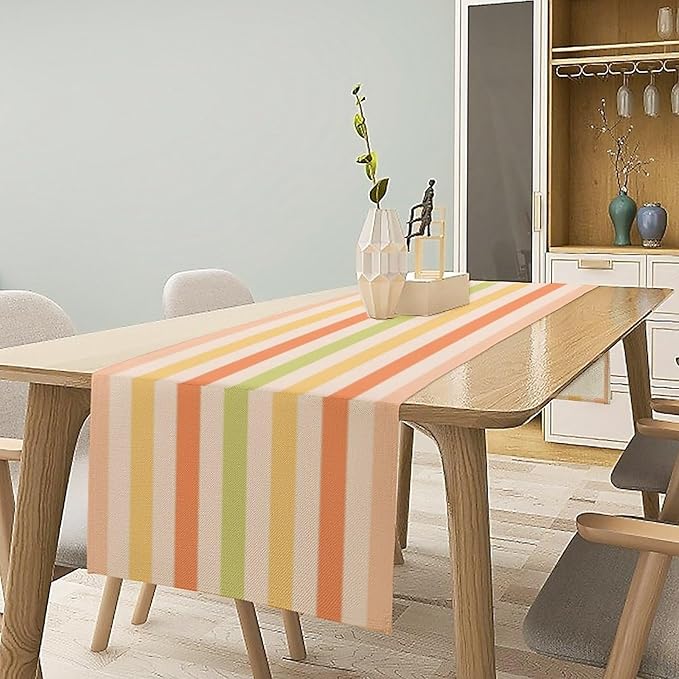 Striped Table Runner,Modern Minimalism Yellow Pink Green Table Runner for Home Kitchen Table Decor Dining Coffee Room Birthday Party Decor 13x72 Inch