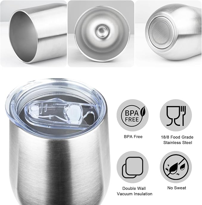 MEZMUT 12oz Insulated Wine Tumbler with Lid Double Wall Vacuum Stainless Steel Wine Glass Coffee Mug Insulated Tumbler Cup for Champaign, Cocktail, Beer (Silver, 1 Pack)