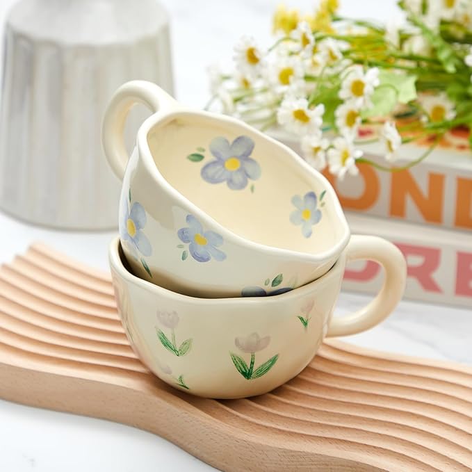 Vesici 2 Pcs Ceramic Coffee Mugs with Spoon, Vintage Floral Spring Mugs with Handle, 8.5 oz Aesthetic Flower Porcelain Tea Cup Set, Dishwasher & Microwave Safe Mothers Day Gifts for Mom(Vibrant)