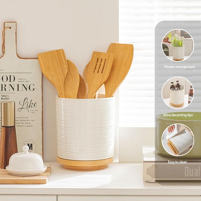 360° Rotating Ceramic Utensil Holder, 7.7" Large Kitchen Utensil Crock with Rotatable Bamboo Base, Countertop Organizer for Spatulas, Spoons & Cooking Tools