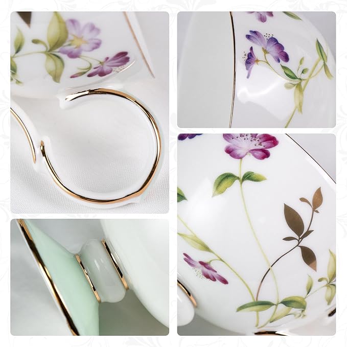 KAMMAK Ceramic Coffee Cups and Saucers Set of 2 – Handmade Porcelain Espresso Cups, 8.45 oz Bone China Tea Cup with February Orchid Pattern, Elegant Demitasse for Latte, Americano, Cappuccino