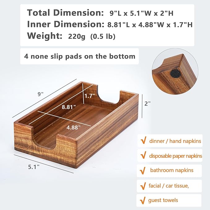Napkin Holder for Bathroom, Acacia Guest Towel Holder, 4 Non Slip Pads, Disposable Hand Towel Tray for Bathroom, Wooden Paper Towel Dinner Napkin Holder for Table Party Bar Kitchen Accessories