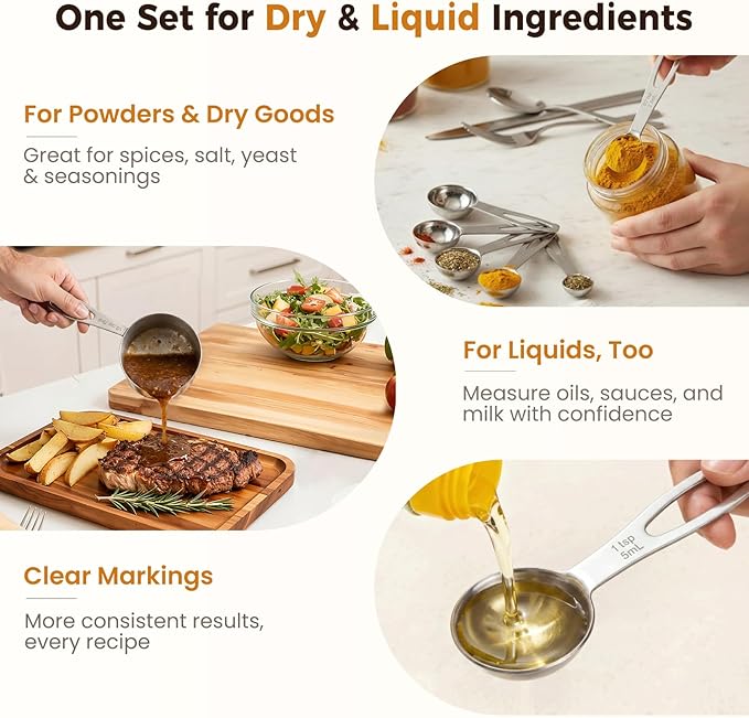 13PCS Stainless Steel Measuring Cups and Spoons Set with Funnel, Stackable Metal Measuring Cup and Spoon Set for Baking Cooking, Dishwasher Safe Kitchen Tools with for Dry & Liquid Ingredients