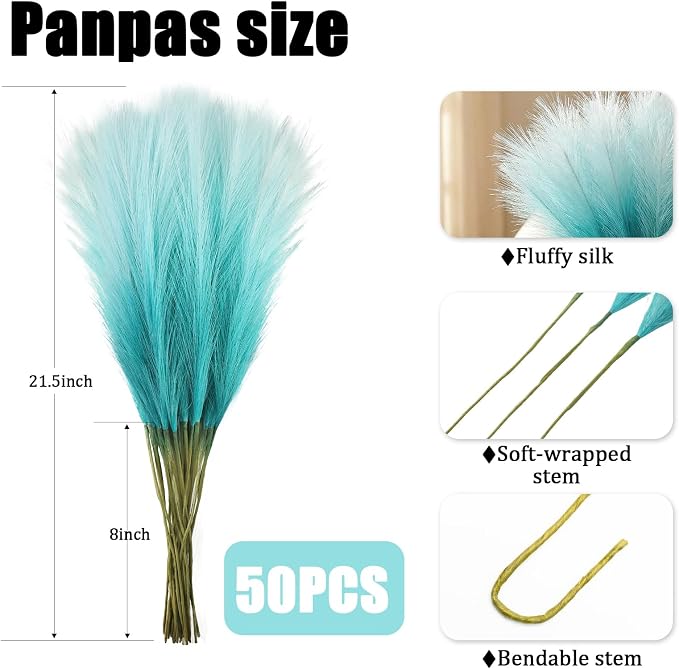 TORONTOKYO Light Blue Pampas Grass Decor, 50Pcs 21.6 inch Artificial Short Faux Pompas Grass, Boho Neutral Home Decor Bouquet for Floor Vase, Wedding, Party, Farmhouse, Bedroom Decor (Turquoise)