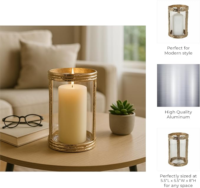 Modern Glass Candle Holder Hurricane for Home Decor - Elegant Pillar Candle Holder for Table Centerpieces Accent - Decorative Candle Stick Holder for Mantel or Entryway Table - 8", Gold & Clear