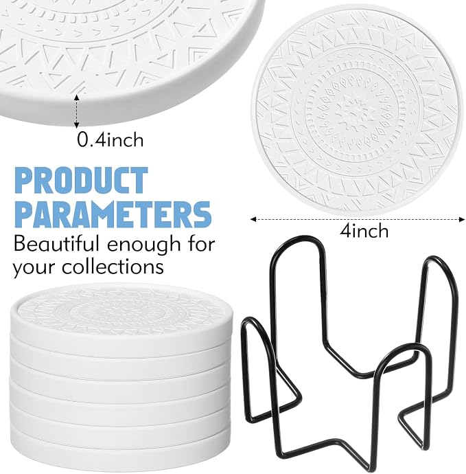 Photect Diatomaceous Earth Coasters Set with Holder Absorbent Stone Drink Coasters Instant Drying Tray for Tabletop Protection Home Decoration Housewarming Gift(White,6 Pcs)