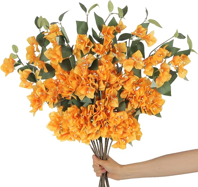 10PCS Bougainvillea Artificial 29.5" Orange Fake Flowers Silk Bougainvillea Vines Faux Bougainvillea Flower Stems Branches for Home Garden DIY Decorations Wedding Centerpieces (Orange)
