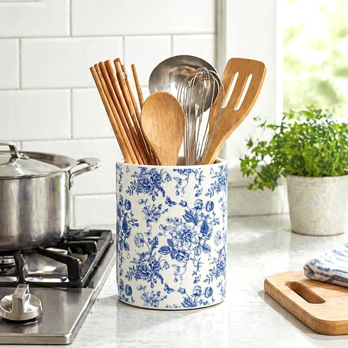 JarThenaAMCS 2Pcs Chinoiserie Floral Ceramic Utensil Holder Vintage Blue Flower Butterfly Utensil Crock for Home Kitchen Countertop Storage Organizer Container