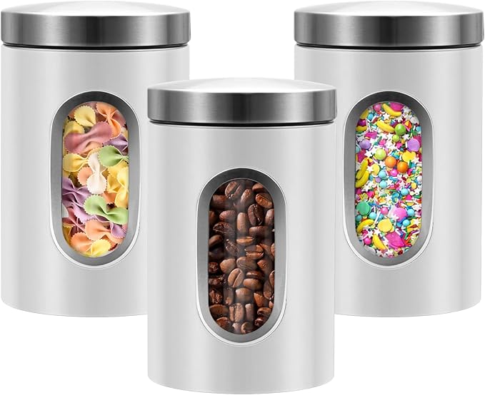 Canisters Sets for the Kitchen, 3pcs Sugar Flour Tea Coffee Storage Jars Stainless Steel Food Container Organizer for Kitchen Counter with Transparent Window (white)