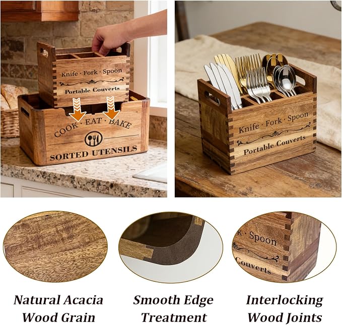 2-in-1 Acacia Wood Kitchen Utensil Holder, Large Farmhouse Countertop Storage with Removable Silverware Caddy, Rustic Wooden Cooking Container for Counter, Island & Dining Room