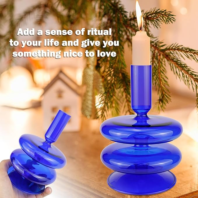 Glass Candle Holder for Taper Candles,Clear Decorative Candle Sticks Holders for Wedding Valentines Day Birthday Party Centerpiece (Dark Blue)