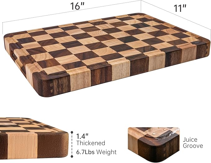 Checkered Cutting Boards for Kitchen, Acacia Wooden Chopping Board with Juice Grooves & Handles, 1.4" Thickened Butcher Block for Meat, Vegetables and Fruits with Gift Box, 1.4" x "16" x 11"