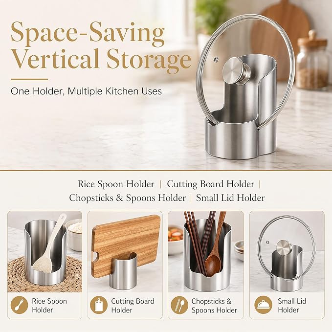 Multi-functional Kitchen Utensil Holder, Stainless Steel Cooking Utensil Holder for Countertop, Space-Saving Vertical Spoon Spatula Organizer for Pot Lids, Ladles, Spatulas & Cutting Boards (1Pcs)