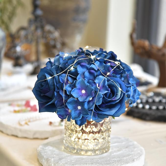 Rose Silk Flower Arrangement Artificial Vivid Rose in Glass Vase with LED Light Elegant Centerpiece for Home Wedding Bathroom Table Shelf Decoration (Navy Blue)