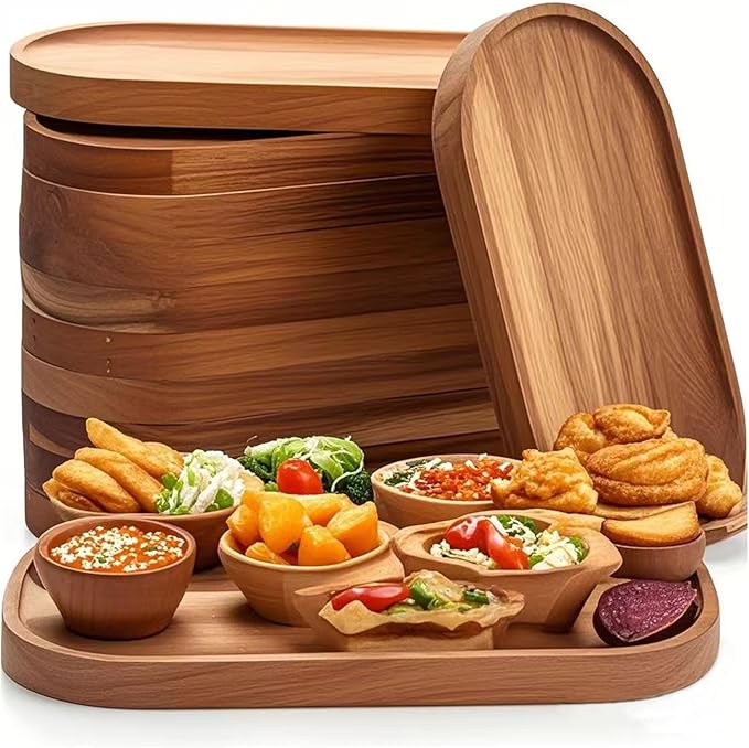 Wood Tray Set of 6, Oval Acacia Wood Serving Board Bulk, Small Charcuterie Boards, Wooden Serving Platters for Cheese Bread Fruit Dessert Tea, Kitchen Dining Catering Trays
